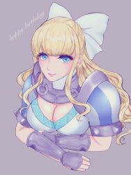 Rule 34 | 1girl, armor, blonde hair, blue eyes, bow, breasts, charlotte (fire emblem), cleavage, commentary request, e m a, eyelashes, fire emblem, fire emblem fates, grey background, hair bow, happy birthday, highres, large breasts, long hair, looking at viewer, nintendo, pauldrons, shoulder armor, sidelocks, simple background, solo, upper body, vambraces, white bow