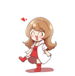 Rule 34 | 1girl, arms at sides, blush stickers, brown hair, coat, dress, eyebrows, closed eyes, female focus, full body, heart, highres, long hair, mona (warioware), nintendo, open clothes, open coat, open mouth, red dress, red footwear, shadow, short sleeves, simple background, smile, solo, walking, warioware, white background, white coat