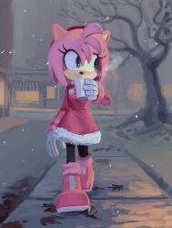 Rule 34 | 1girl, amy rose, animal ears, bare tree, boots, coat, commentary, cup, drink, drinking, english commentary, full body, furry, furry female, gloves, green eyes, hairband, hedgehog girl, holding, holding cup, knockabiller, looking to the side, mobian, non-web source, outdoors, pink coat, pink fur, red footwear, red hairband, scenery, sidewalk, snowing, solo, sonic (series), standing, steam, tree, walking, white gloves, winter, winter clothes