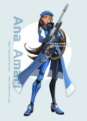 Rule 34 | 1girl, aged down, ana (overwatch), beret, brown eyes, brown hair, captain amari, character name, coat, dark-skinned female, dark skin, facial tattoo, full body, gun, hat, highres, long hair, looking at viewer, official alternate costume, overwatch, overwatch 1, rifle, smile, sniper rifle, solo, tattoo, very long hair, weapon, ziyo ling