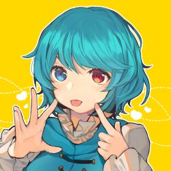 Rule 34 | 1girl, :p, blue eyes, blue hair, closed mouth, dotted line, eyebrows hidden by hair, finger to cheek, frilled sleeves, frills, hands up, heart, heart background, heterochromia, index finger raised, long sleeves, looking at viewer, makita (vector1525), open hand, outline, red eyes, red pupils, short hair, solo, swept bangs, tatara kogasa, tongue, tongue out, touhou, upper body, white outline, yellow background