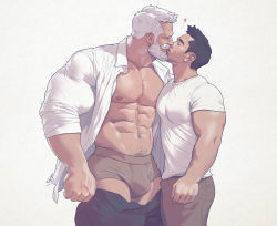 Rule 34 | 2boys, abs, bara, bare pectorals, beard, black hair, boxers, brown pants, bulge, chest hair, couple, facial hair, height difference, kiss, large pectorals, male focus, male underwear, manly, multiple boys, muscular, navel, nipples, open clothes, open shirt, original, pants, pectorals, shirt, short hair, silverjow, thick thighs, thighs, underwear, undressing, white background, white hair, white shirt, yaoi