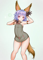 Rule 34 | 1girl, animal ears, armlet, armpits, arms up, braid, brown gloves, commentary request, dated, dog ears, dog tail, dress, elin, female focus, gloves, grey dress, hair intakes, highres, kumehara chiyota, legs, long hair, open mouth, purple eyes, purple hair, short dress, solo, tail, tera online, thighs, twin braids, twintails