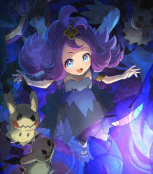 Rule 34 | 1girl, :d, acerola (pokemon), armlet, blue dress, blue eyes, commentary request, creatures (company), dhelmise, dress, eyelashes, flip-flops, flipped hair, game freak, gen 1 pokemon, gen 7 pokemon, gengar, hair ornament, hairclip, medium hair, mimikyu, multicolored clothes, multicolored dress, nintendo, open mouth, pokemon, pokemon (creature), pokemon sm, purple hair, sandals, smile, stitches, tongue, topknot, torn clothes, torn dress, yamanashi taiki