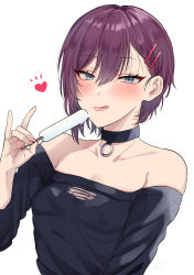 Rule 34 | 1boy, aina123, asymmetrical hair, black shirt, blue eyes, blush, breasts, choker, collarbone, commentary request, crossdressing, eyelashes, food, hair ornament, hairclip, hand up, heart, highres, holding, licking lips, looking at viewer, male focus, medium hair, off-shoulder shirt, off shoulder, original, popsicle, puffy chest, purple hair, shirt, signature, simple background, single sidelock, suggestive fluid, tongue, tongue out, torn clothes, torn shirt, trap, upper body, v-shaped eyebrows