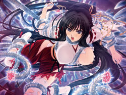 Rule 34 | 1girl, black eyes, black hair, breasts, character request, fusataka shikibu, game cg, glowing, japanese clothes, kotowari, large breasts, long hair, miko, nipples, open mouth, sandals, solo, tentacles, thighhighs, torn clothes, white thighhighs
