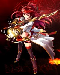 Rule 34 | 1girl, asymmetrical clothes, bad id, bad pixiv id, black thighhighs, blazing heart (elsword), boots, coat, elesis (elsword), elsword, fingerless gloves, fire, full body, gloves, half updo, icedango (dpopic3), knee boots, long hair, midriff, navel, red background, red eyes, red hair, serious, shorts, single pantsleg, single thighhigh, solo, standing, sword, thighhighs, thighhighs under boots, weapon, zoom layer