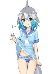 Rule 34 | 1girl, :q, absurdres, ascot, blue eyes, blue hair, blue sailor collar, choker, common bottlenose dolphin (kemono friends), cowboy shot, dress, fins, frilled dress, frills, gluteal fold, grey hair, hair between eyes, highres, kemono friends, kemono friends 2, lifted by self, looking at viewer, medium hair, multicolored hair, musical note, sailor collar, sailor dress, shiraha maru, short sleeves, simple background, smile, solo, tail, thigh gap, tongue, tongue out, white ascot, white background, white choker, white hair