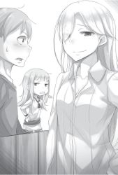 Rule 34 | 1boy, 2girls, ayakura juu, blush, breasts, cleavage, collarbone, dress shirt, eyes visible through hair, greyscale, hair over one eye, hand on own hip, hands on own hips, long hair, monochrome, multiple girls, myuri (spice and wolf), novel illustration, official art, open mouth, shirt, small breasts, spice and wolf, standing, sweatdrop, tote col, upper body, very long hair, white background, white shirt