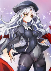Rule 34 | 1girl, black pantyhose, caren hortensia, covered navel, fate/hollow ataraxia, fate (series), hat, highres, layered sleeves, long hair, long sleeves, looking at viewer, pantyhose, silver hair, sketch, solo, taishi (artist), taishi (picchiridou), thighband pantyhose, thighhighs, thighhighs over pantyhose, yellow eyes
