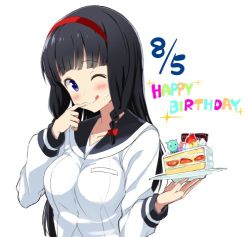 Rule 34 | 1girl, ;q, birthday, cake, cake slice, dated, eating, food, food on face, hairband, happy birthday, holding, holding plate, houkago no pleiades, icing, itsuki (houkago no pleiades), jpeg artifacts, lowres, mirai denki, one eye closed, plate, pleiadean, red hairband, school uniform, serafuku, simple background, solo, tongue, tongue out, white background