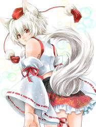 Rule 34 | 1girl, animal ears, bare shoulders, breasts, crop top, detached sleeves, hat, inubashiri momiji, looking at viewer, looking back, midriff, miniskirt, pom pom (clothes), red eyes, ribbon-trimmed sleeves, ribbon trim, short hair, silver hair, skirt, solo, tail, tokin hat, touhou, waka (negronoir), wolf ears, wolf tail