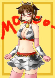 Rule 34 | 1girl, akizuki ritsuko, animal costume, animal ears, animal print, bell, blush, breasts, collar, cosplay, cow costume, cow ears, cow horns, cow print, cowbell, elbow gloves, frown, glasses, gloves, horns, idolmaster, idolmaster (classic), idolmaster cinderella girls, large breasts, looking at viewer, neck bell, oikawa shizuku, oikawa shizuku (cosplay), pink thighhighs, short hair, solo, thighhighs, utomo
