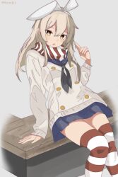 Rule 34 | 1girl, adapted costume, bench, black neckerchief, blonde hair, blue sailor collar, blue skirt, brown eyes, cardigan, commentary request, grey background, hairband, highres, kantai collection, long hair, looking at viewer, microskirt, miniskirt, miron (mirona33), neckerchief, pleated skirt, sailor collar, scarf, shimakaze (kancolle), simple background, sitting, skirt, solo, striped clothes, striped scarf, striped thighhighs, thighhighs, white cardigan, white hairband