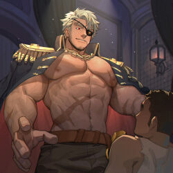 Rule 34 | 2boys, abs, absurdres, bara, belt, black coat, black pants, blonde hair, brown belt, chain necklace, coat, coat on shoulders, eyepatch, facial hair, highres, jewelry, large pectorals, male focus, multiple boys, muscular, muscular male, navel, necklace, nipples, one eye covered, original, pants, pectorals, peterhl, pirate, scar, scar on chest, scar on stomach, short hair, yaoi