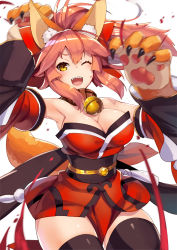 Rule 34 | 1girl, animal ears, animal hands, bare shoulders, bell, blood, blush, breasts, brown eyes, brown hair, cat ears, cleavage, collar, dress, fate/grand order, fate (series), fox ears, fox tail, hair ribbon, happy, highres, large breasts, long hair, looking at viewer, neck bell, one eye closed, open mouth, pink hair, ribbon, scottie (phantom2), simple background, solo, tail, tamamo (fate), tamamo cat (fate), tamamo cat (first ascension) (fate), tamamo no mae (fate/extra), thighhighs, white background, wink, yellow eyes