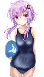 Rule 34 | 1girl, arm behind back, bad id, bad nicoseiga id, blush, character name, covered navel, hair ornament, highres, long hair, looking at viewer, one-piece swimsuit, purple eyes, purple hair, school swimsuit, short hair with long locks, solo, swimsuit, tf (seiga29299638), tf (tfx2), twintails, vocaloid, voiceroid, wet, white background, yuzuki yukari