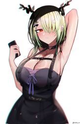 Rule 34 | 1girl, antlers, armpit crease, arms up, black choker, black dress, blush, branch, breasts, cellphone, ceres fauna, ceres fauna (goth), choker, cleavage, dress, flower, goth fashion, green hair, green skirt, hair flower, hair ornament, hair over one eye, hairclip, harness, heart, heart choker, heart o-ring, highres, holding, holding phone, hololive, hololive english, horns, kotodekun, large breasts, long hair, looking at viewer, mole, mole under eye, o-ring, o-ring choker, o-ring harness, official alternate costume, phone, short hair, simple background, skirt, smartphone, solo, sweat, tree horns, virtual youtuber, white background, yellow eyes