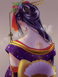 Rule 34 | 10s, 1boy, back, black hair, breath, bruise, detached sleeves, flower, from behind, hair flower, hair ornament, japanese clothes, jirou tachi, long hair, male focus, moegi (honey 122), obi, personification, simple background, solo, sweat, touken ranbu, traditional clothes, upper body