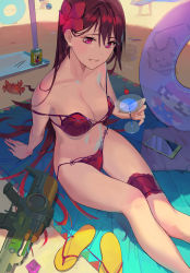 Rule 34 | 1girl, arm support, bare shoulders, beach, bikini, breasts, bridal garter, cellphone, cleavage, condom, condom wrapper, crab, damiaodi, day, fate/grand order, fate (series), flip-flops, flower, food, hair flower, hair ornament, highres, innertube, large breasts, long hair, martini, navel, outdoors, parted lips, phone, pink bikini, pink eyes, pocky, purple hair, sandals, scathach (fate), shade, sitting, smartphone, solo focus, strap slip, surfboard, sweat, swim ring, swimsuit, very long hair, water gun