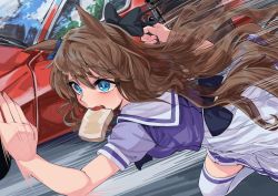 Rule 34 | 1girl, animal ears, bag, blue eyes, blush, bread slice, breasts, brown hair, car, food, food in mouth, geppewi, highres, holding, holding bag, horse ears, horse girl, horse tail, long hair, maruzensky (umamusume), motor vehicle, mouth hold, open mouth, running, school bag, school uniform, serafuku, solo, tail, teeth, thighhighs, toast, toast in mouth, umamusume, white thighhighs