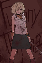 Rule 34 | 1girl, bare shoulders, blonde hair, blood, blood on clothes, blood on face, blood splatter, bloody weapon, blouse, blue eyes, boots, brown footwear, green skirt, hair over one eye, heather mason, highres, holding, holding weapon, jacket, kawayabug, knee boots, lead pipe, orange shirt, pocket, shirt, short hair, silent hill (series), silent hill 3, skirt, sleeveless, sleeveless jacket, sleeveless turtleneck, solo, standing, turtleneck, watch, weapon, white jacket, wristband, wristwatch, zipper