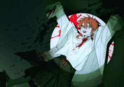 Rule 34 | 1boy, black shorts, blood, blood on clothes, blood on face, braid, coat, collarbone, highres, long sleeves, looking at viewer, maeno aki, male focus, obaeg0921, off-shoulder shirt, off shoulder, open mouth, red eyes, red hair, shirt, short hair, shorts, single braid, solo, spotlight, white coat, white shirt, zeno (game)