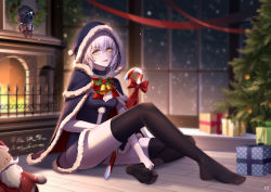 Rule 34 | 1girl, absurdres, arknights, bell, black cape, black dress, black thighhighs, breasts, cape, capelet, christmas, christmas tree, doctor (arknights), dress, fate/grand order, fate (series), fireplace, fur-trimmed cape, fur-trimmed capelet, fur-trimmed dress, fur trim, highres, jeanne d&#039;arc (fate), jeanne d&#039;arc alter (fate), jingle bell, large breasts, legs, looking at viewer, open mouth, santa costume, short hair, silver hair, sitting, smile, solo, stuffed toy, thighhighs, yellow eyes, zhenpiaoliang
