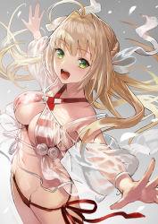 Rule 34 | 1girl, :d, absurdres, ahoge, bare shoulders, bikini, blonde hair, bracelet, breasts, cleavage, cowboy shot, criss-cross halter, duplicate, fate/grand order, fate (series), gradient background, green eyes, groin, hair intakes, hair ribbon, halterneck, highres, jewelry, long hair, looking at viewer, medium breasts, navel, nero claudius (fate), nero claudius (fate) (all), nero claudius (swimsuit caster) (fate), nero claudius (swimsuit caster) (third ascension) (fate), open mouth, outstretched arms, ribbon, side-tie bikini bottom, smile, solo, striped bikini, striped clothes, swimsuit, terai (teraimorimori)