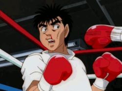 Rule 34 | 1boy, 1girl, animated, animated gif, black eyes, black hair, blood, bouncing breasts, boxing, boxing gloves, breasts, close-up, hajime no ippo, large breasts, lowres, makunouchi ippo, morita kumiko, non-web source, nosebleed, open mouth, punching, retro artstyle, shirt, short hair, staring, t-shirt, tank top