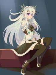 Rule 34 | 1girl, black thighhighs, blush, butterfly hair ornament, chaika trabant, cocconeis, dress, eyebrows, frills, full body, hair ornament, hairband, highres, hitsugi no chaika, lolita hairband, long hair, looking at viewer, open mouth, purple eyes, silver hair, solo, thighhighs