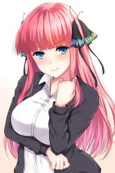 Rule 34 | arm under breasts, black cardigan, black ribbon, blue eyes, blunt bangs, blush, breasts, butterfly hair ornament, cardigan, frown, go-toubun no hanayome, gradient background, hair ornament, twirling hair, head tilt, highres, hime cut, large breasts, long hair, looking at viewer, nakano nino, open cardigan, open clothes, pink hair, primamiya, ribbon, shirt, simple background, solo, twintails, v-shaped eyebrows, white shirt