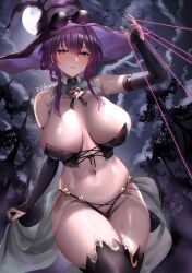Rule 34 | 1girl, absurdres, alternate costume, artist name, bare shoulders, breasts, bridal gauntlets, halloween, hat, highres, honkai: star rail, honkai (series), huge breasts, kafka (honkai: star rail), moon, navel, night, rikihana momo, solo, stomach, thread, witch, witch hat
