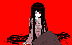 Rule 34 | 1girl, arm support, black hair, bow, color contrast, hair flowing over, hair spread out, hime cut, houraisan kaguya, long hair, long skirt, looking to the side, miata (miata8674), pale skin, pink bow, red background, red eyes, simple background, sitting, skirt, solo, touhou, very long hair