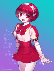 Rule 34 | blue background, bow, dorothy haze, gradient background, highres, humanoid robot, looking at viewer, mitake eil, open mouth, purple background, red bow, red eyes, red hair, robot, short hair, short sleeves, smile, twitter username, va-11 hall-a
