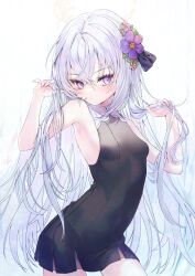 Rule 34 | 1girl, azusa (blue archive), bare arms, bare shoulders, blue archive, breasts, closed mouth, commentary request, dress, flower, grey hair, hair between eyes, hair flower, hair ornament, hands up, highres, holding, holding hair, long hair, low-cut armhole, paraffin, pink flower, pleated dress, purple eyes, purple flower, sleeveless, sleeveless dress, small breasts, solo, very long hair, white background