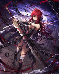 Rule 34 | 1girl, ankle cuffs, bare shoulders, black ribbon, black thighhighs, blood, breasts, chain, cleavage, closed mouth, cloud, cloudy sky, cowboy shot, cuffs, dragon&#039;s shadow, dress, hair between eyes, hair ornament, hair ribbon, high heels, holding, holding sword, holding weapon, legs apart, long hair, looking at viewer, medium breasts, red hair, ribbon, sky, solo, star (sky), starry sky, sword, thighhighs, torn clothes, torn thighhighs, vambraces, wanke, weapon, yellow eyes