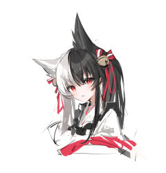 Rule 34 | 1girl, alice mana, animal ear fluff, animal ears, bell, black hair, cropped torso, fox ears, grey hair, hair bell, hair ornament, hair ribbon, indie virtual youtuber, jacket, jingle bell, long hair, looking at viewer, multicolored hair, parted lips, raeee, red ribbon, ribbon, shirt, simple background, sketch, solo, twintails, two-tone hair, upper body, virtual youtuber, white background, white jacket, white shirt