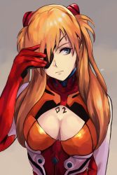 Rule 34 | 1girl, absurdres, alternate breast size, blue eyes, bodysuit, bracer, breasts, cleavage, cleavage cutout, clothing cutout, evangelion: 3.0 you can (not) redo, eyepatch, gloves, grey background, highres, interface headset, large breasts, multicolored bodysuit, multicolored clothes, neon genesis evangelion, official alternate costume, orange bodysuit, orange hair, plugsuit, rebuild of evangelion, red bodysuit, shiny clothes, solo, souryuu asuka langley, tsundere, twintails, yato (yama0x1)
