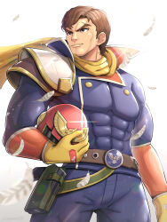 Rule 34 | 1boy, absurdres, armor, belt, belt buckle, blue jacket, blue pants, brown belt, brown eyes, brown hair, buckle, captain falcon, closed mouth, covered abs, f-zero, feathers, gloves, gonzarez, gun, helmet, high collar, highres, holding, holding helmet, jacket, light particles, looking afar, male focus, muscular, muscular male, nintendo, no headwear, pants, pectorals, pouch, scar, scar on face, scarf, short hair, shoulder armor, simple background, smile, solo, taut clothes, twitter username, v-shaped eyebrows, weapon, white background, yellow scarf