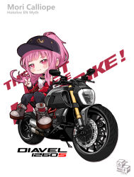 Rule 34 | 1girl, absurdres, baseball cap, black pants, blush, character name, chibi, commentary, copyright name, ducati, ducati diavel 1260, english text, grey footwear, hat, highres, hololive, hololive english, jacket, long hair, looking at viewer, mori calliope, mori calliope (streetwear), motor vehicle, motorcycle, multicolored clothes, multicolored jacket, official alternate costume, on motorcycle, pants, pink hair, ponytail, red eyes, shoes, sitting, smile, sneakers, solo, track pants, two-tone jacket, v, vehicle name, virtual youtuber, white background, yoyoko707