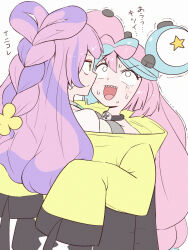 Rule 34 | 2girls, blue hair, blush, braid, breasts, character hair ornament, closed mouth, collar, commentary request, creatures (company), earrings, eyelashes, eyeliner, game freak, green eyes, green hair, grey shirt, hair ornament, highres, iono (pokemon), jacket, jewelry, kurachi mizuki, long hair, makeup, medium breasts, miriam (pokemon), multicolored hair, multiple girls, nervous, nintendo, open mouth, pink hair, pokemon, pokemon sv, purple hair, red eyeliner, serious, shared clothes, sharp teeth, shirt, sleeves past fingers, sleeves past wrists, sweat, teeth, tongue, trembling, two-tone hair, under another&#039;s clothes, upper teeth only, white background, yellow jacket