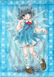 Rule 34 | 1girl, bad id, bad pixiv id, blue background, blue eyes, blue hair, bow, cirno, dress, finger to face, framed, hair bow, highres, ice crystal, leg up, looking at viewer, marker (medium), matching hair/eyes, open mouth, ribbon, shoes, short hair, skirt hold, socks, solo, sparkle, touhou, traditional media, wings, yuura arisa