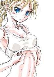 Rule 34 | 1990s (style), 1girl, arched back, blonde hair, blue eyes, breasts, chrono cross, cleavage, closed mouth, clothes lift, collarbone, colored eyelashes, eyelashes, kid (chrono cross), lifting own clothes, medium breasts, multi-tied hair, retro artstyle, s-a-murai, shirt, shirt lift, simple background, sketch, solo, tank top, toned, upper body, white background, white shirt