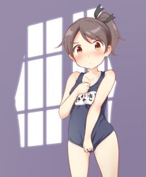 Rule 34 | 1girl, alternate costume, black ribbon, blue one-piece swimsuit, blush, breasts, brown eyes, brown hair, cowboy shot, curtains, embarrassed, indoors, kantai collection, name tag, navel, old school swimsuit, one-piece swimsuit, ponytail, ribbon, school swimsuit, shikinami (kancolle), small breasts, solo, swimsuit, swimsuit under clothes, tobi (nekomata homara), window