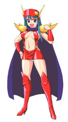 Rule 34 | 1990s (style), 1girl, antennae, blue hair, boots, breasts, cape, cleavage, covered erect nipples, genji tsuushin agedama, grin, head-mounted display, highres, kuki rei, long hair, miniskirt, muimui, navel, open mouth, panties, pantyshot, purple eyes, revealing clothes, shoulder pads, skirt, smile, solo, suspenders, thigh boots, thighhighs, thighs, underwear, upskirt, white panties, wristband