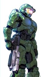 Rule 34 | 1boy, absurdres, animification, armor, assault rifle, black gloves, blurry, bullpup, from below, from side, full armor, gloves, gun, halo (series), halo infinite, helmet, highres, holding, holding gun, holding weapon, ma5, master chief, nasutetsu, open hand, power armor, revision, rifle, science fiction, simple background, solo, spartan (halo), visor, weapon, white background