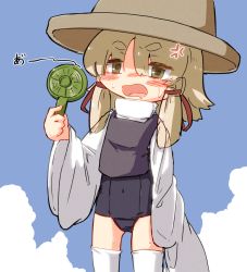 Rule 34 | 1girl, anger vein, black one-piece swimsuit, blonde hair, blush, brown hat, commentary request, cowboy shot, electric fan, hand fan, handheld electric fan, hat, holding, holding fan, hot, long sleeves, medium hair, moriya suwako, one-piece swimsuit, open mouth, purple vest, shirt, solo, swimsuit, swimsuit under clothes, thighhighs, touhou, turtleneck, uisu (noguchipint), vest, white shirt, white thighhighs, wide sleeves, yellow eyes