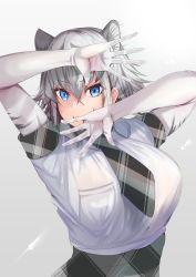 Rule 34 | 1girl, absurdres, animal ears, arms up, biting, biting hand, blue eyes, breasts, elbow gloves, extra ears, eyes visible through hair, furrowed brow, gloves, grey hair, hair between eyes, highres, kemono friends, large breasts, looking at viewer, medium hair, multicolored hair, necktie, outstretched hand, plaid, plaid necktie, plaid neckwear, plaid sleeves, plaid trim, saitobaburu, shirt, short sleeves, sidelocks, solo, spread fingers, tiger ears, two-tone hair, upper body, white tiger (kemono friends)