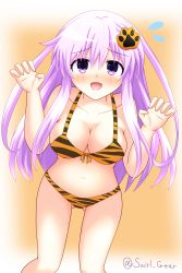 Rule 34 | absurdres, bare shoulders, bra, breasts, cleavage, fang, hair ornament, hairclip, happy, highres, lingerie, long hair, navel, nepgear, neptune (series), open mouth, panties, pants, purple eyes, purple hair, small breasts, swirl gear, thighs, tiger, underwear, yellow background